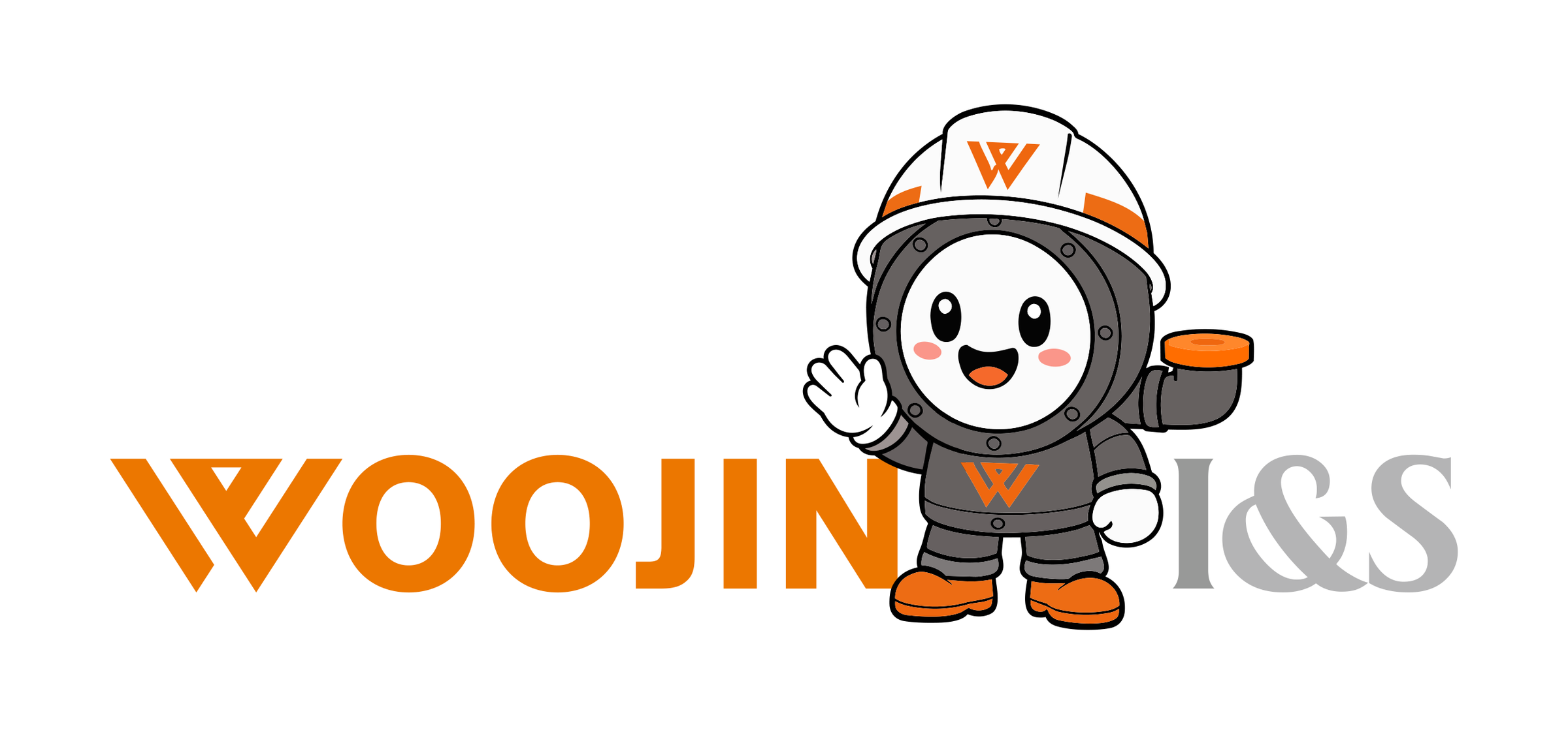 WOOJIN I&S 로고와 손을 흔드는 우지, 흰 바탕